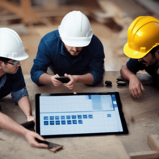 A group of contruction employees looking at a tablet.